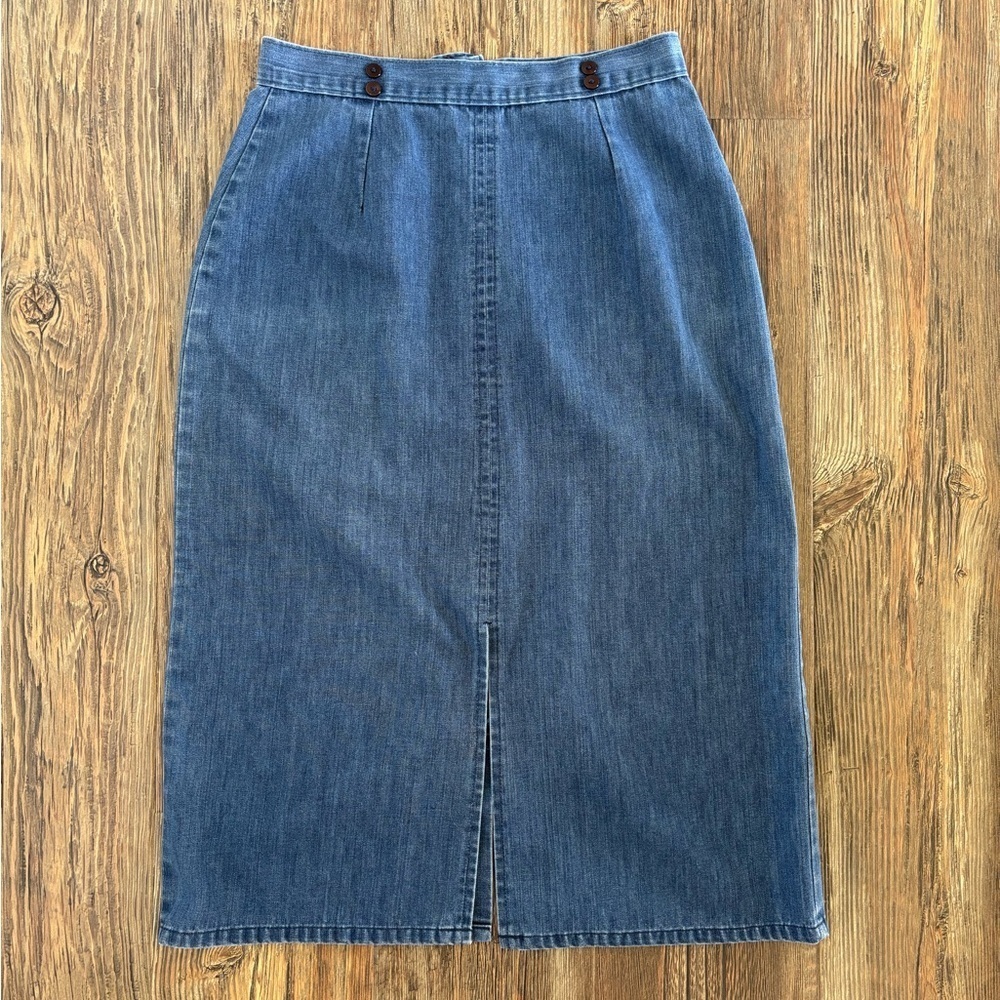Vtg Midi Jean Skirt 13/14 Blue Denim Cotton Front & Back Slits Buttons High Rise